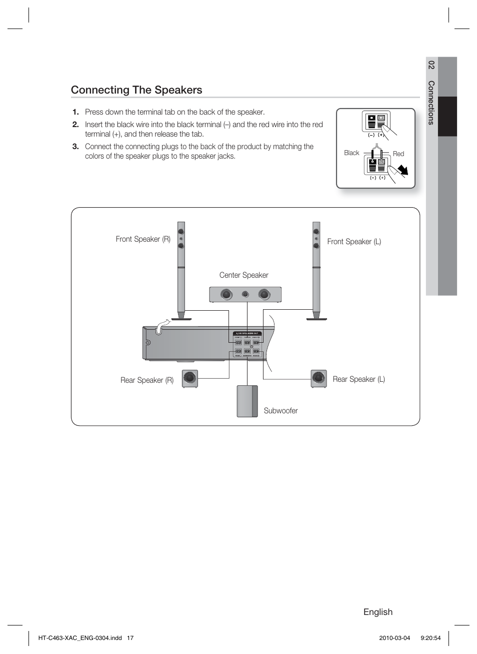 Connecting the speakers, English | Samsung HT-C463-XAC User Manual | Page 17 / 42