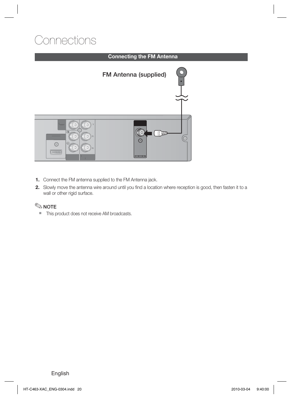 Connecting the fm antenna, Connections, Fm antenna (supplied) | Samsung HT-C463-XAC User Manual | Page 20 / 42