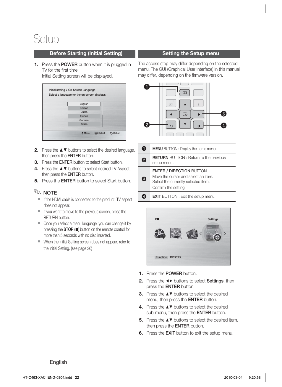 Setup, Before starting (initial setting), Setting the setup menu | English | Samsung HT-C463-XAC User Manual | Page 22 / 42