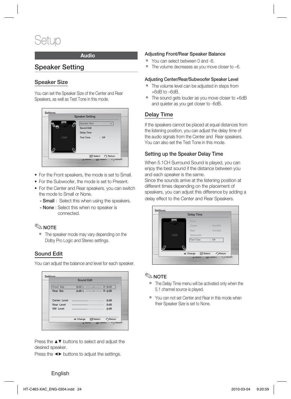 Audio, Setup, Speaker setting | English, Speaker size, Sound edit, Delay time, Setting up the speaker delay time | Samsung HT-C463-XAC User Manual | Page 24 / 42