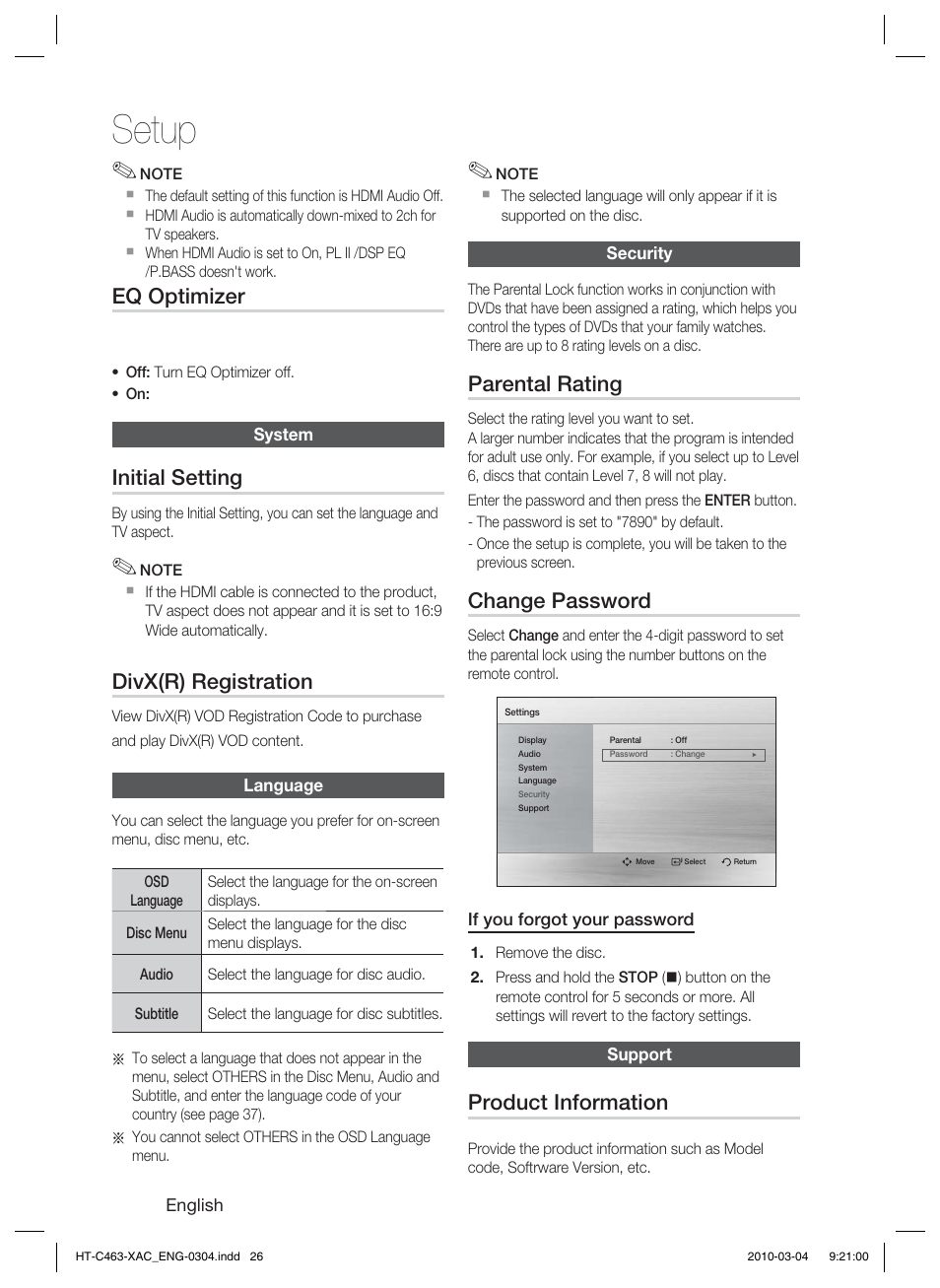 System, Language, Security | Support, Setup, Eq optimizer, Initial setting, Divx(r) registration, Parental rating, Change password | Samsung HT-C463-XAC User Manual | Page 26 / 42