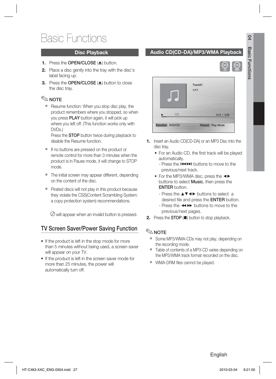 Basic functions, Disc playback, Audio cd(cd-da)/mp3/wma playback | Tv screen saver/power saving function | Samsung HT-C463-XAC User Manual | Page 27 / 42