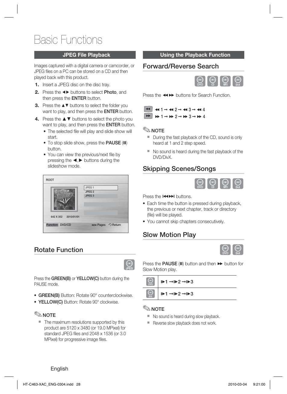 Jpeg file playback, Using the playback function, Basic functions | Dbad | Samsung HT-C463-XAC User Manual | Page 28 / 42