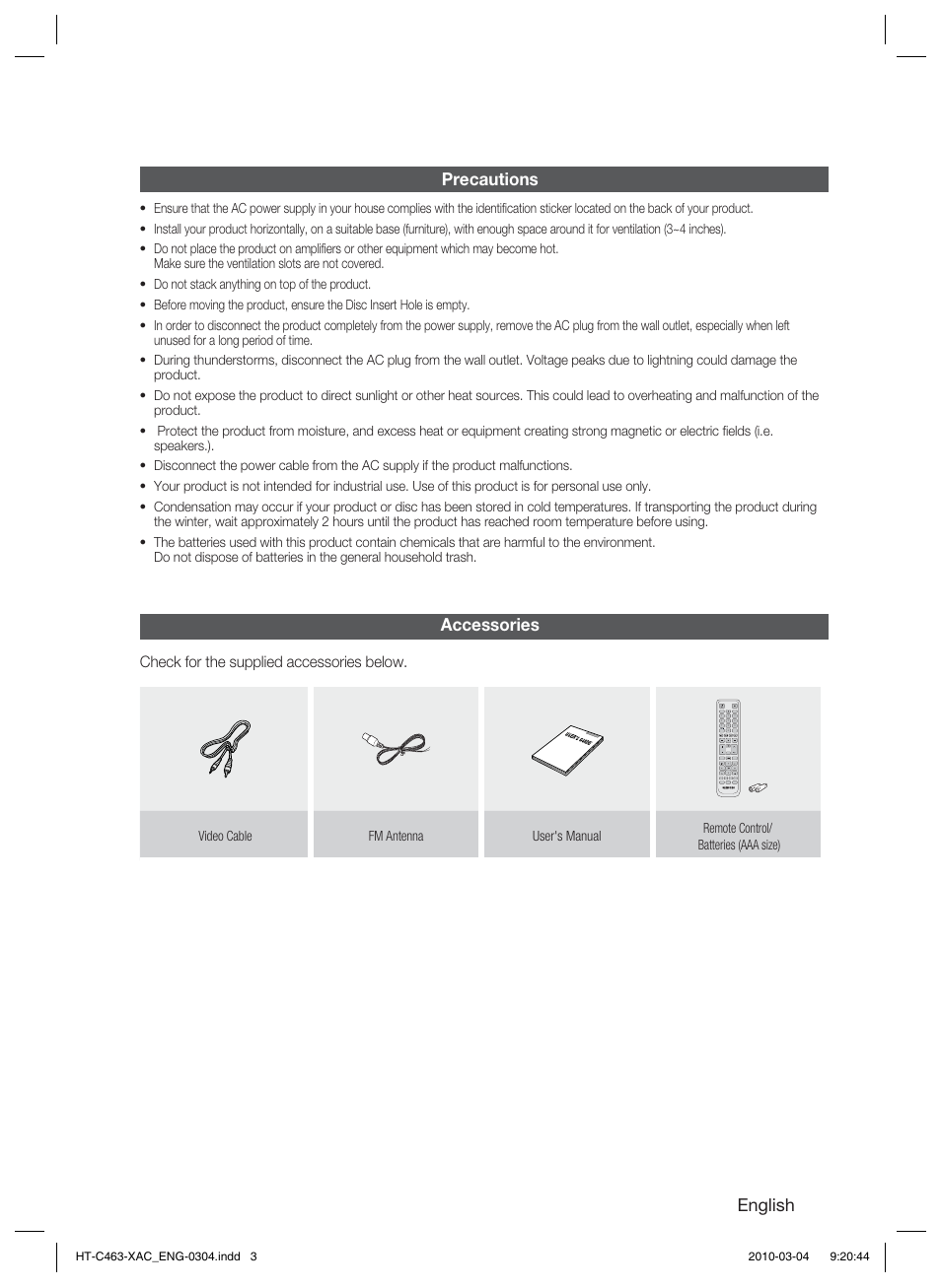 Precautions, Accessories, English | Samsung HT-C463-XAC User Manual | Page 3 / 42