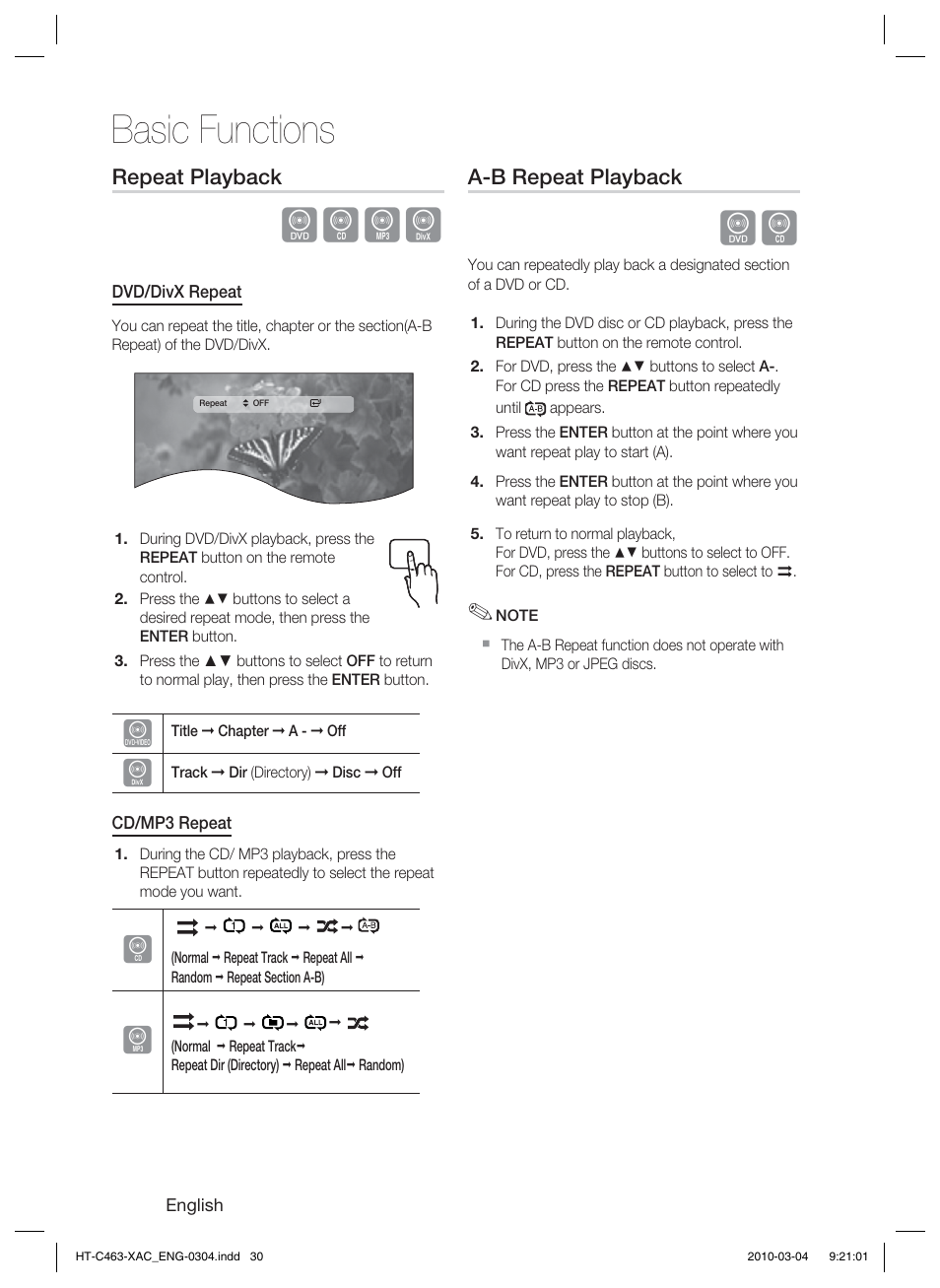 Basic functions, Dbad | Samsung HT-C463-XAC User Manual | Page 30 / 42