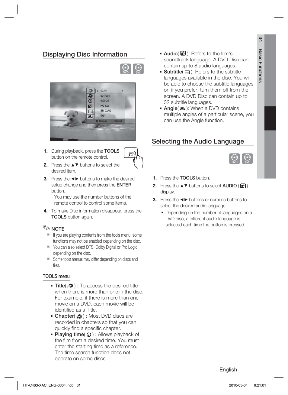 Displaying disc information, Selecting the audio language | Samsung HT-C463-XAC User Manual | Page 31 / 42