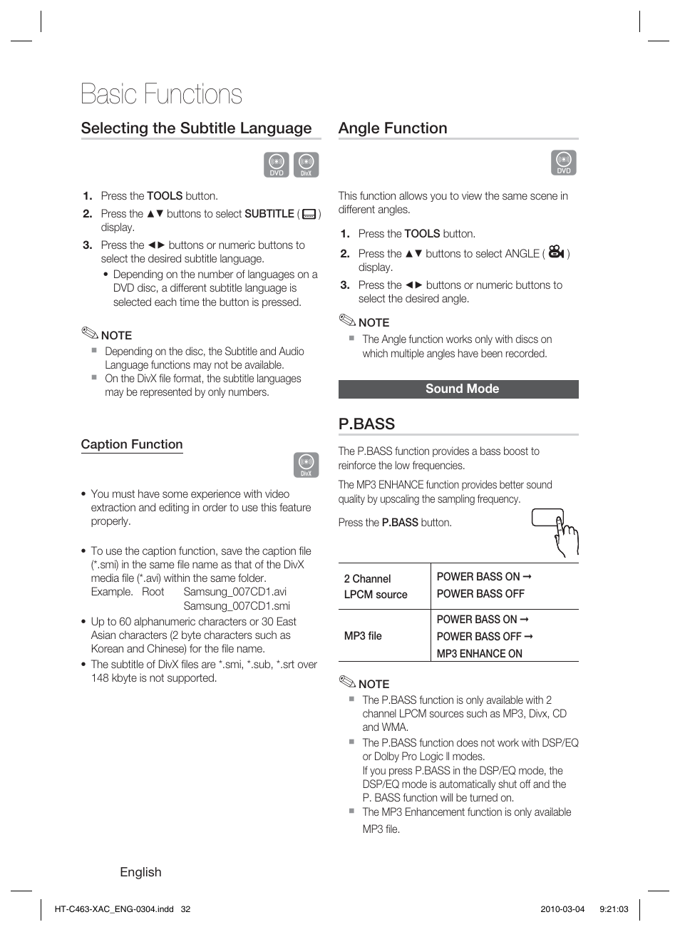 Sound mode, Basic functions | Samsung HT-C463-XAC User Manual | Page 32 / 42