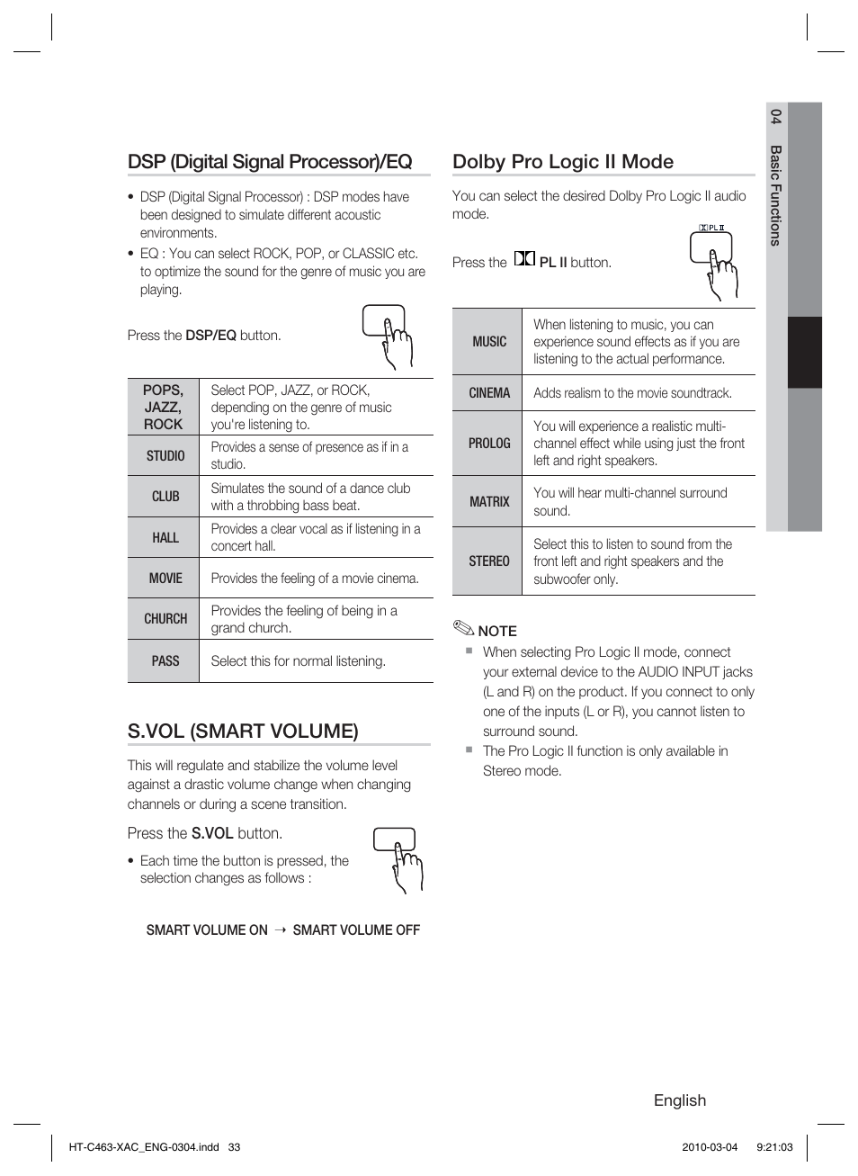 Dsp (digital signal processor)/eq, S.vol (smart volume), Dolby pro logic ii mode | Samsung HT-C463-XAC User Manual | Page 33 / 42
