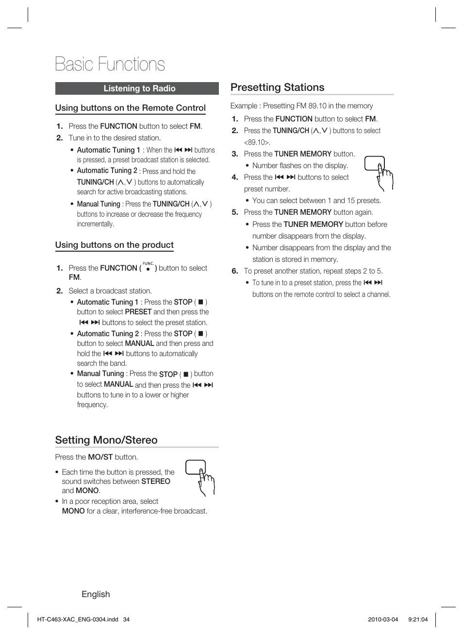 Listening to radio, Basic functions, Setting mono/stereo | Presetting stations | Samsung HT-C463-XAC User Manual | Page 34 / 42