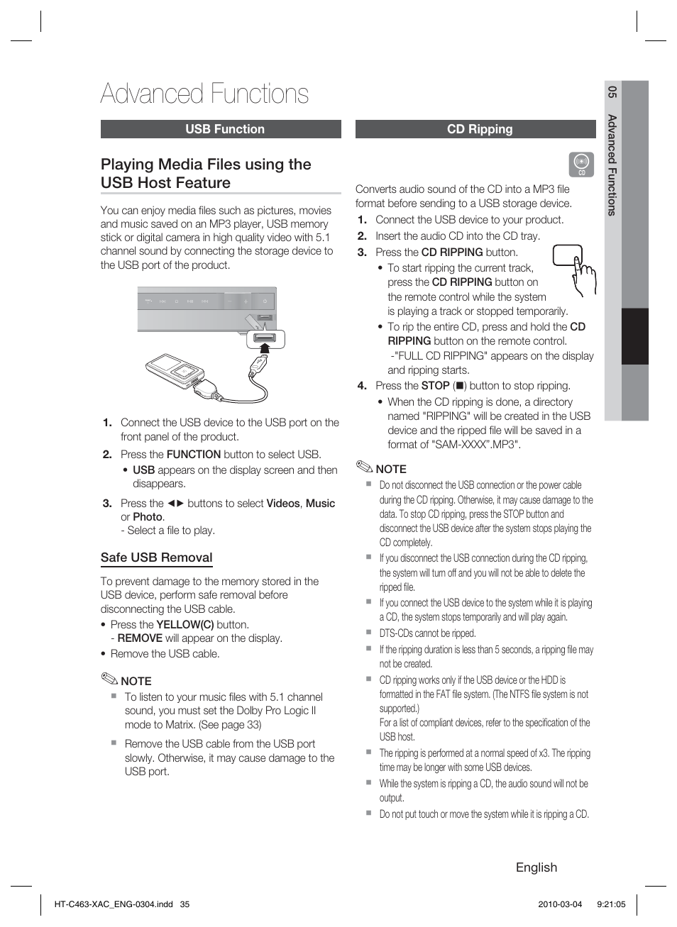 Advanced functions, Usb function, Cd ripping | Other information, Troubleshooting, Playing media files using the usb host feature | Samsung HT-C463-XAC User Manual | Page 35 / 42