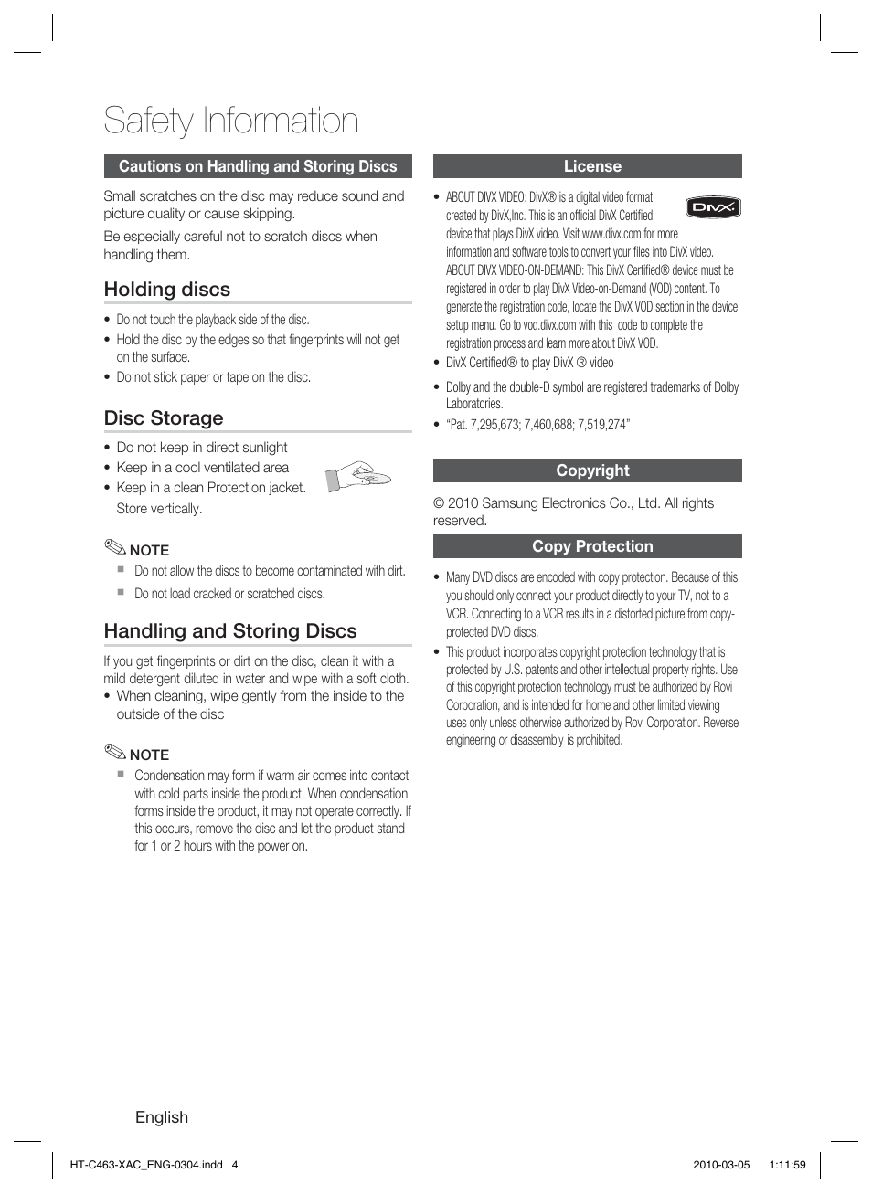 Cautions on handling and storing discs, License, Copyright | Copy protection, Safety information, Holding discs, Disc storage, Handling and storing discs | Samsung HT-C463-XAC User Manual | Page 4 / 42