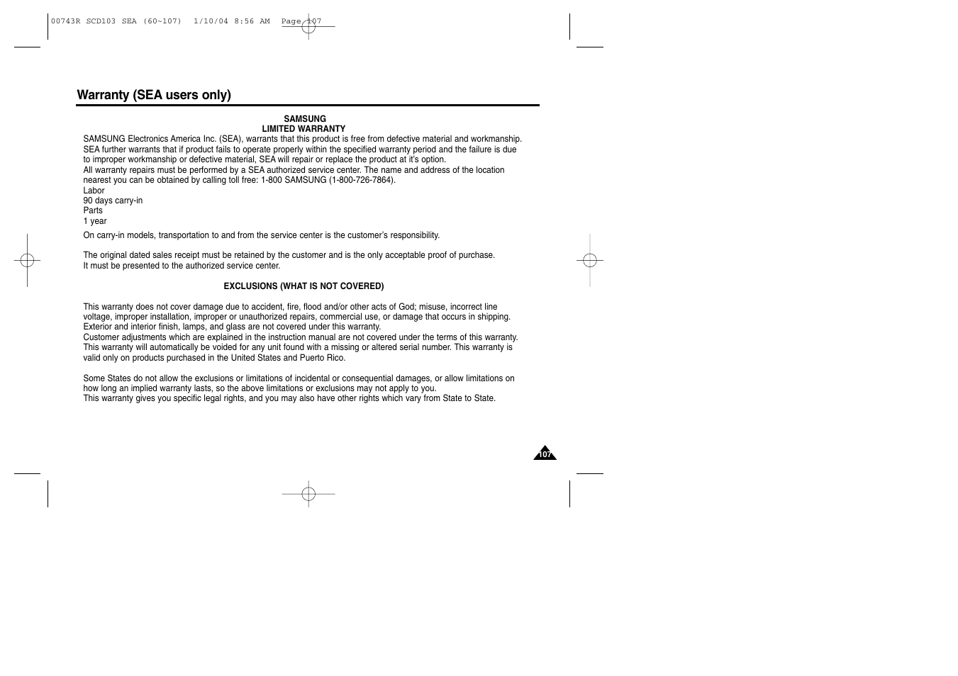 Warranty (sea users only) | Samsung SCD103/215 User Manual | Page 111 / 112