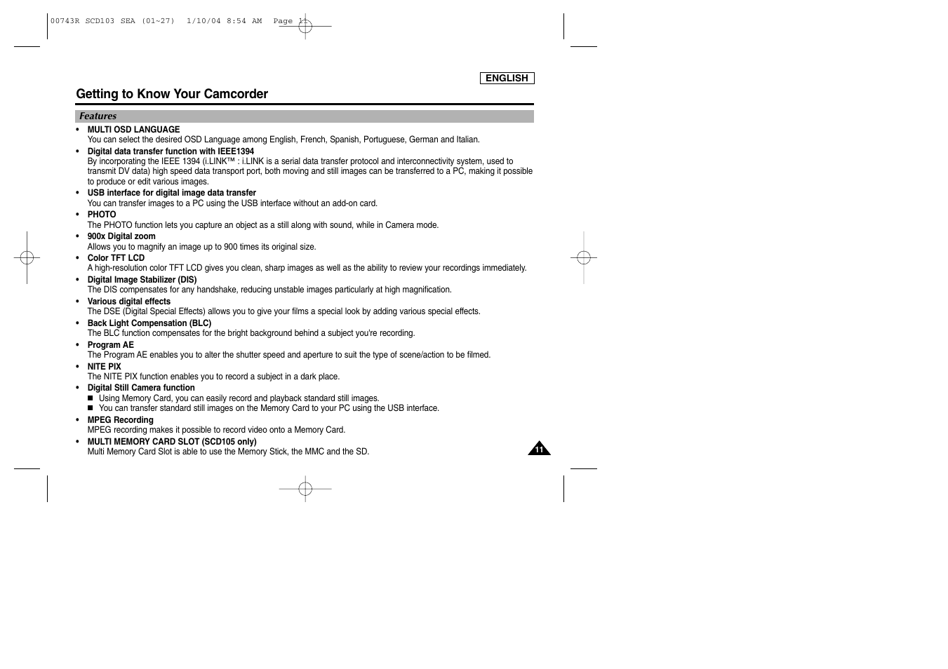 Getting to know your camcorder | Samsung SCD103/215 User Manual | Page 15 / 112