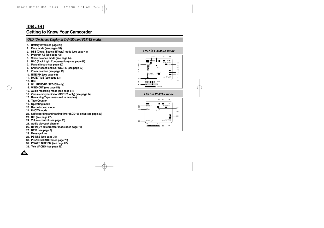 Getting to know your camcorder, Osd (on screen display in camera and player modes), English | Osd in camera mode, Osd in player mode | Samsung SCD103/215 User Manual | Page 22 / 112