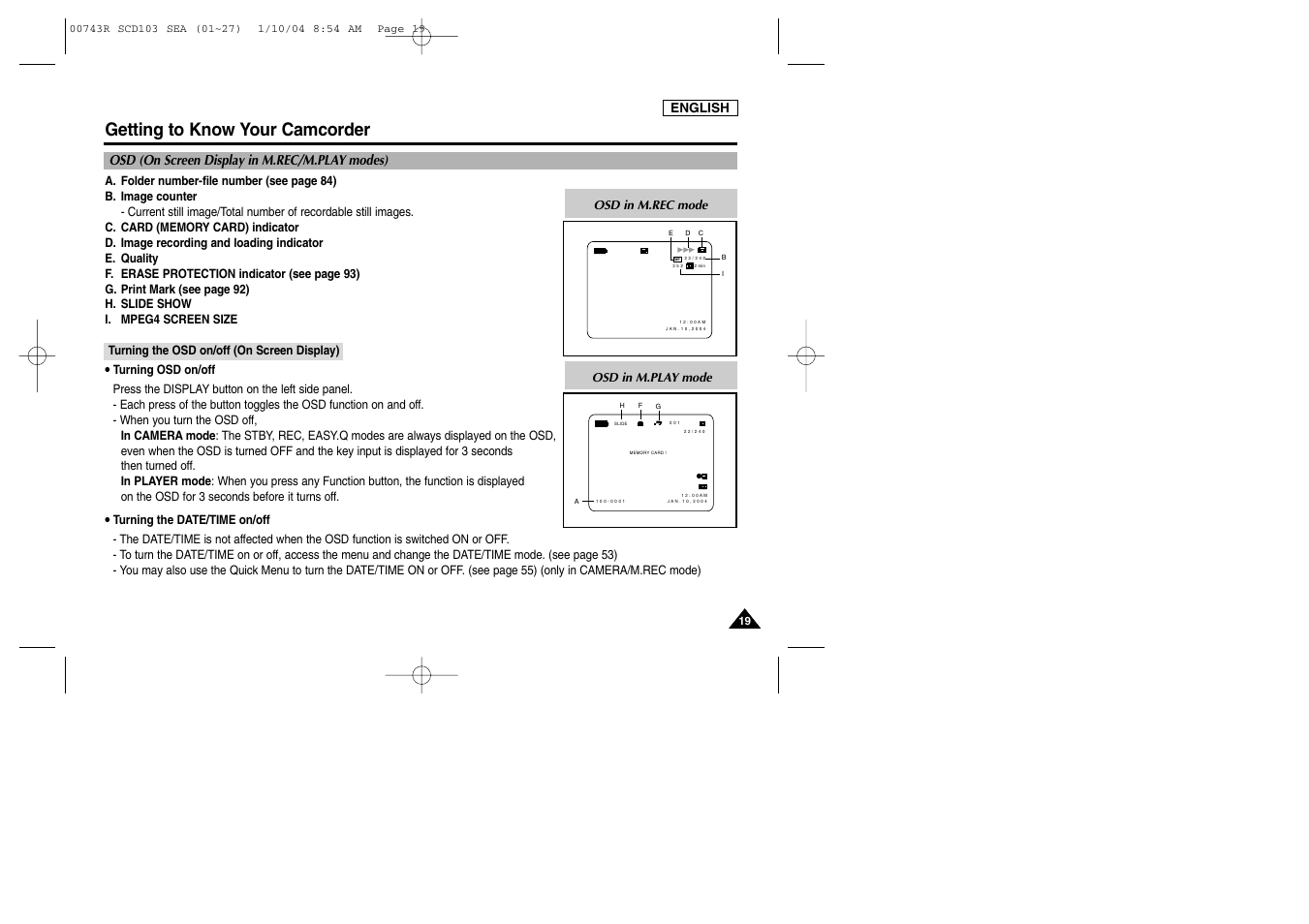 Getting to know your camcorder, Osd (on screen display in m.rec/m.play modes) | Samsung SCD103/215 User Manual | Page 23 / 112
