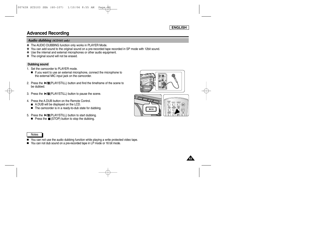 Dv usb audio /video s-video mic, Advanced recording | Samsung SCD103/215 User Manual | Page 67 / 112