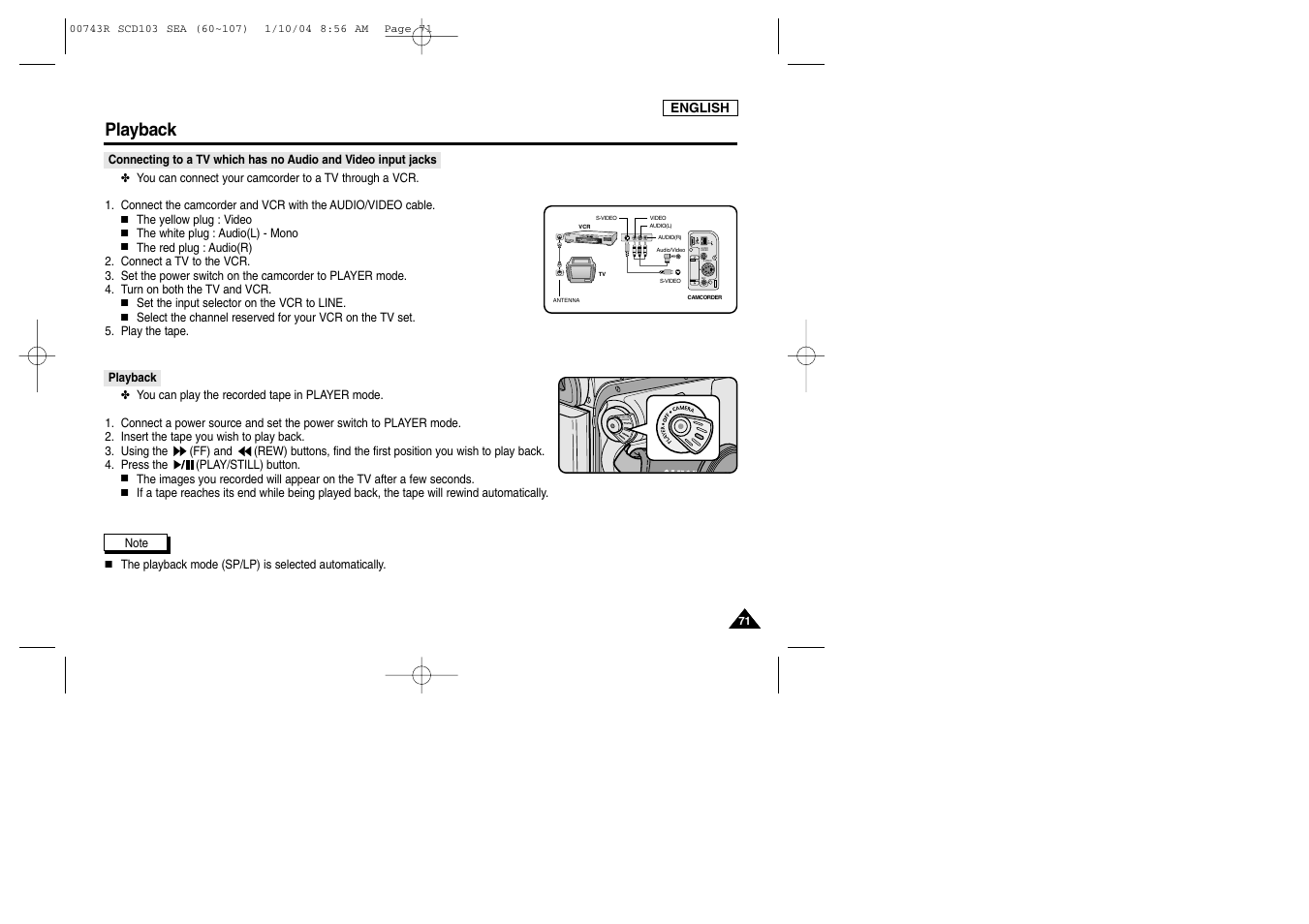 Dv usb audio /video s-video mic, Playback | Samsung SCD103/215 User Manual | Page 75 / 112