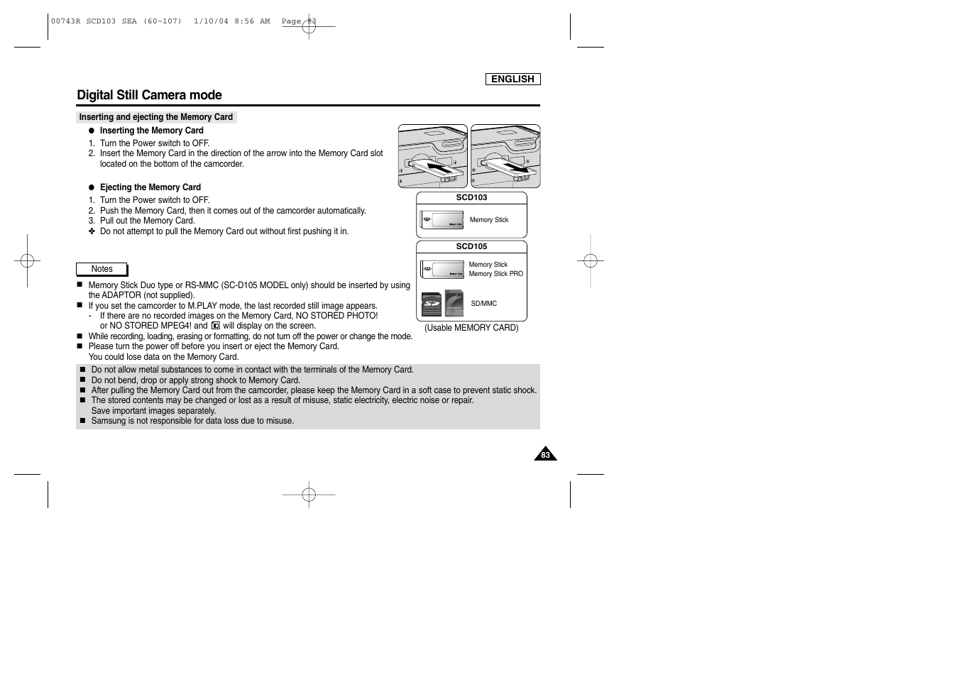 Digital still camera mode | Samsung SCD103/215 User Manual | Page 87 / 112