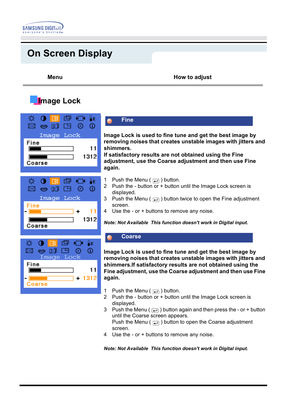 On screen display, Image lock | Samsung 151P User Manual | Page 20 / 51