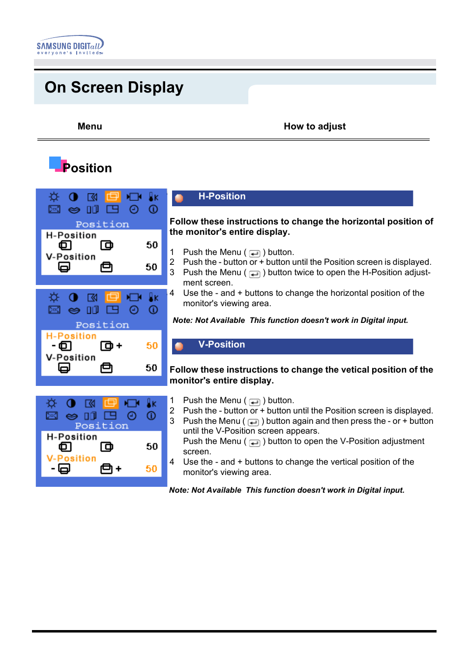 On screen display, Position | Samsung 151P User Manual | Page 21 / 51