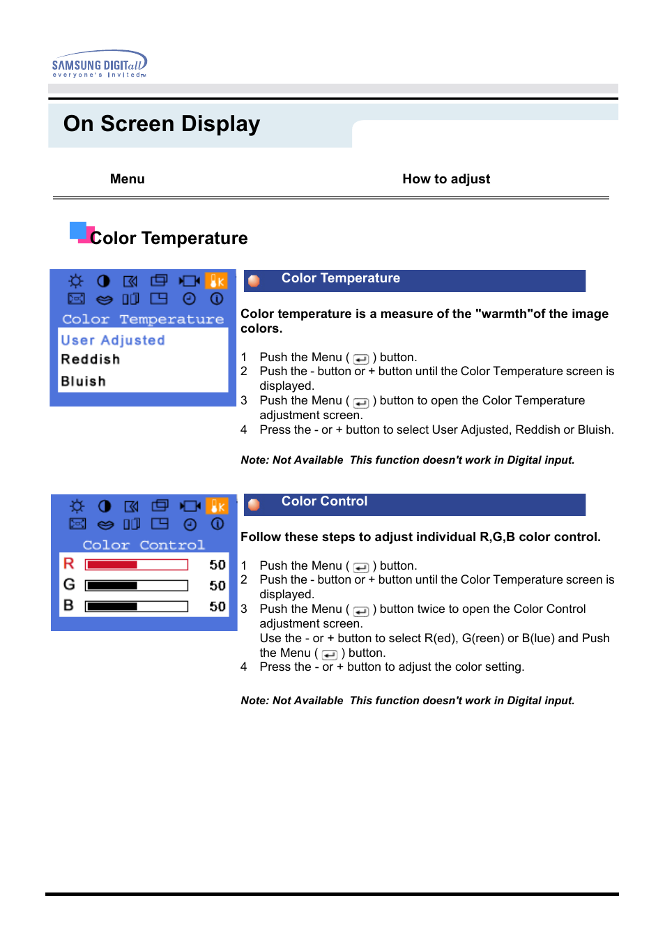 On screen display, Color temperature | Samsung 151P User Manual | Page 23 / 51