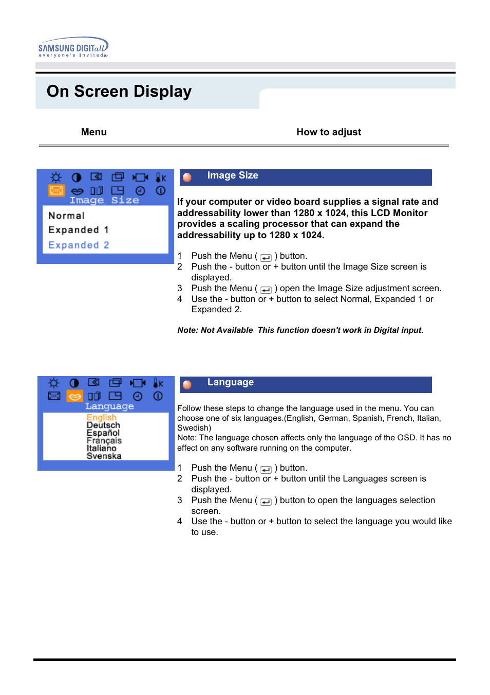On screen display | Samsung 151P User Manual | Page 24 / 51