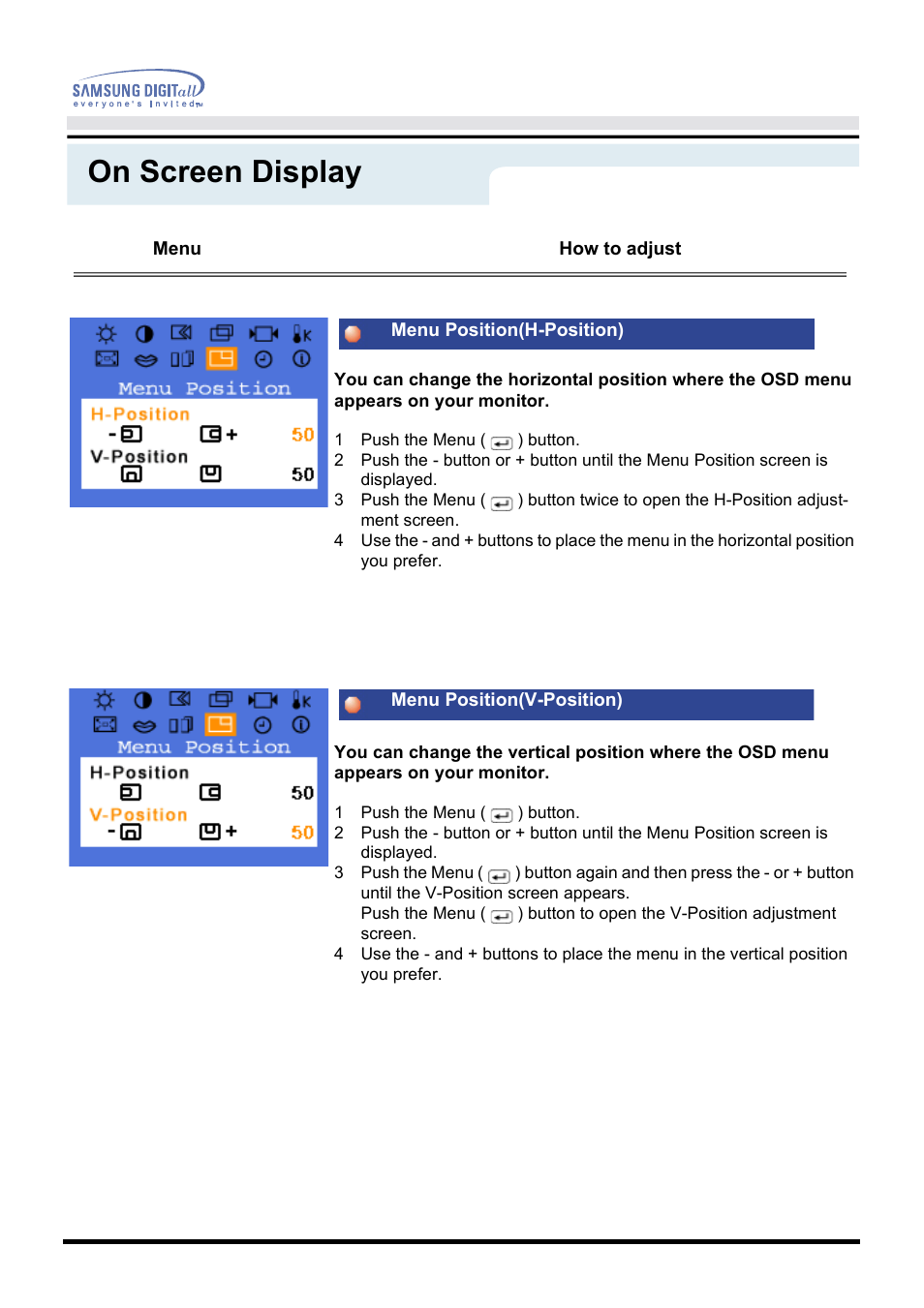 On screen display | Samsung 151P User Manual | Page 26 / 51