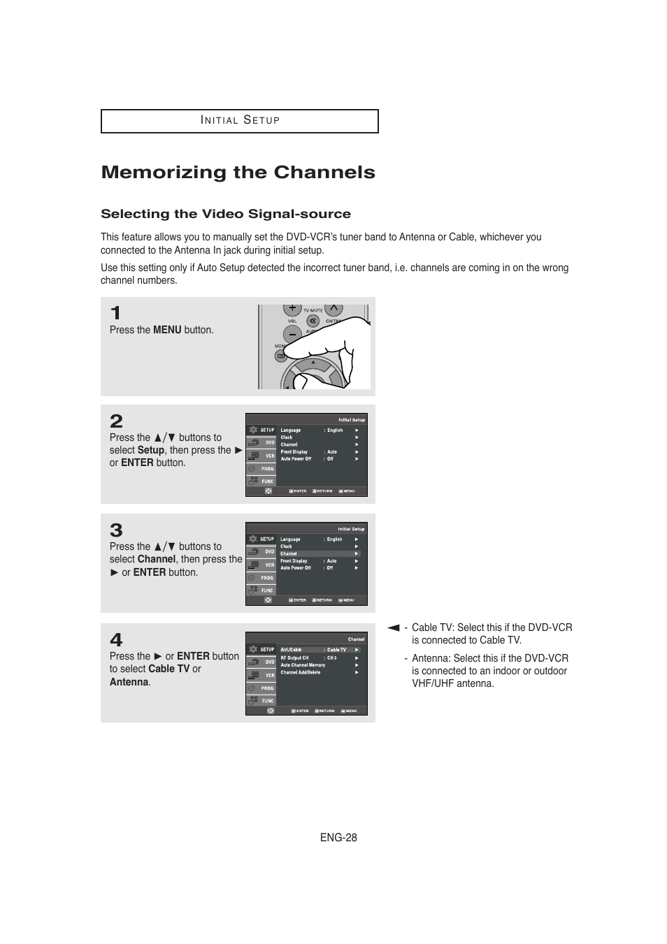 Memorizing the channels, Selecting the video signal-source | Samsung AK68-00956L/01 User Manual | Page 28 / 95