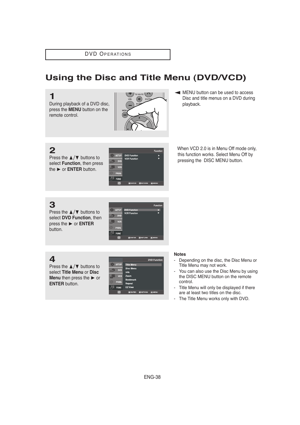 Using the disc and title menu (dvd/vcd) | Samsung AK68-00956L/01 User Manual | Page 38 / 95