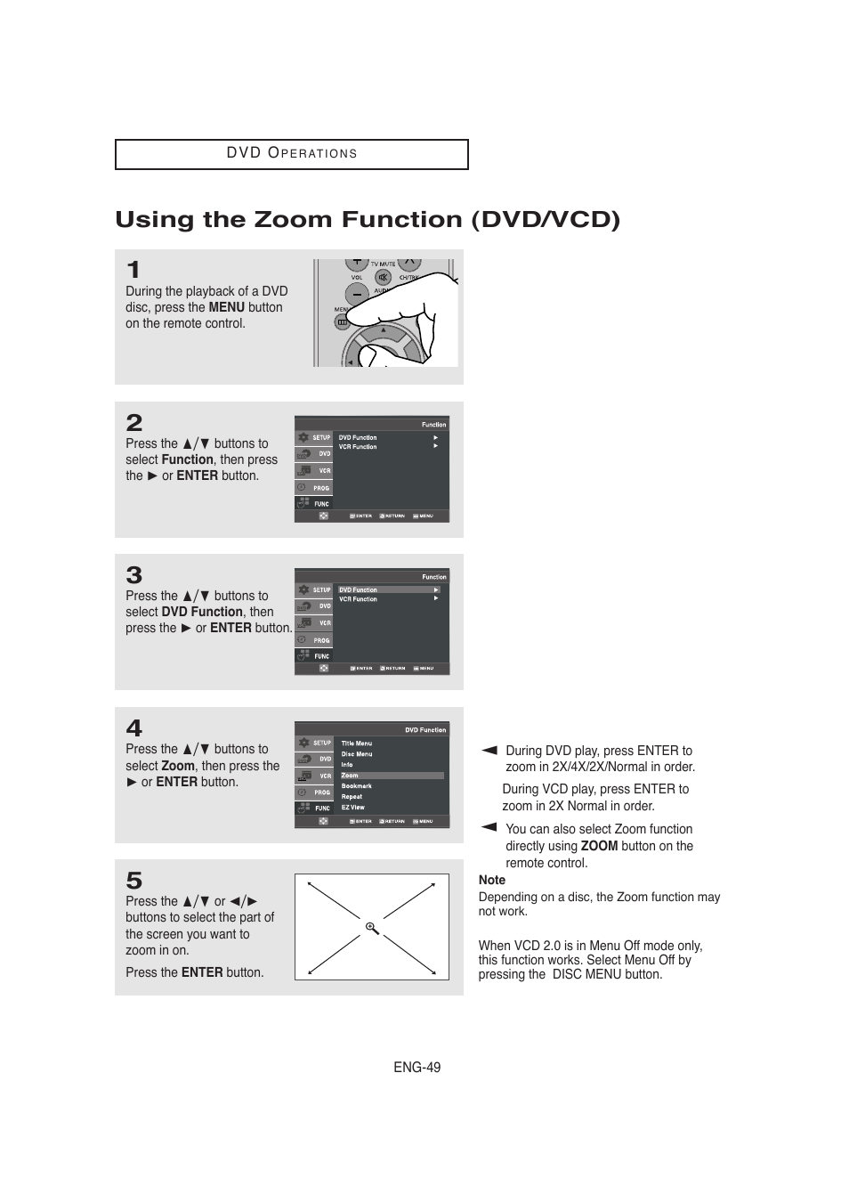 Using the zoom function (dvd/vcd) | Samsung AK68-00956L/01 User Manual | Page 49 / 95