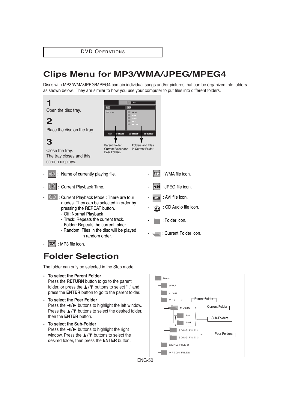 Clips menu for mp3/wma/jpeg/mpeg4, Folder selection | Samsung AK68-00956L/01 User Manual | Page 50 / 95