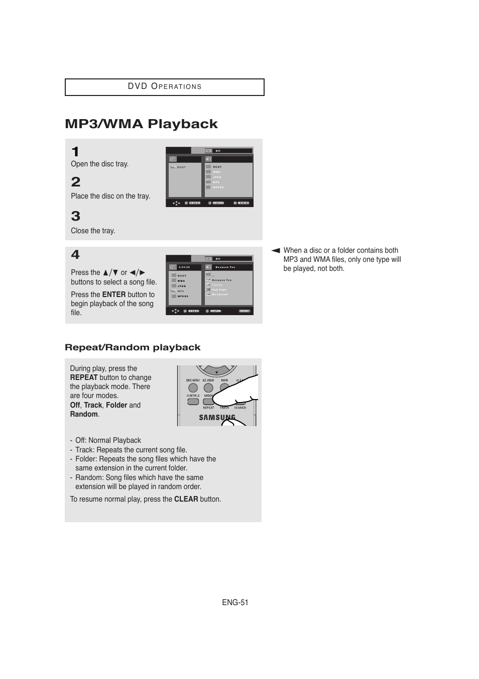 Mp3/wma playback, D v d o, Repeat/random playback | Samsung AK68-00956L/01 User Manual | Page 51 / 95