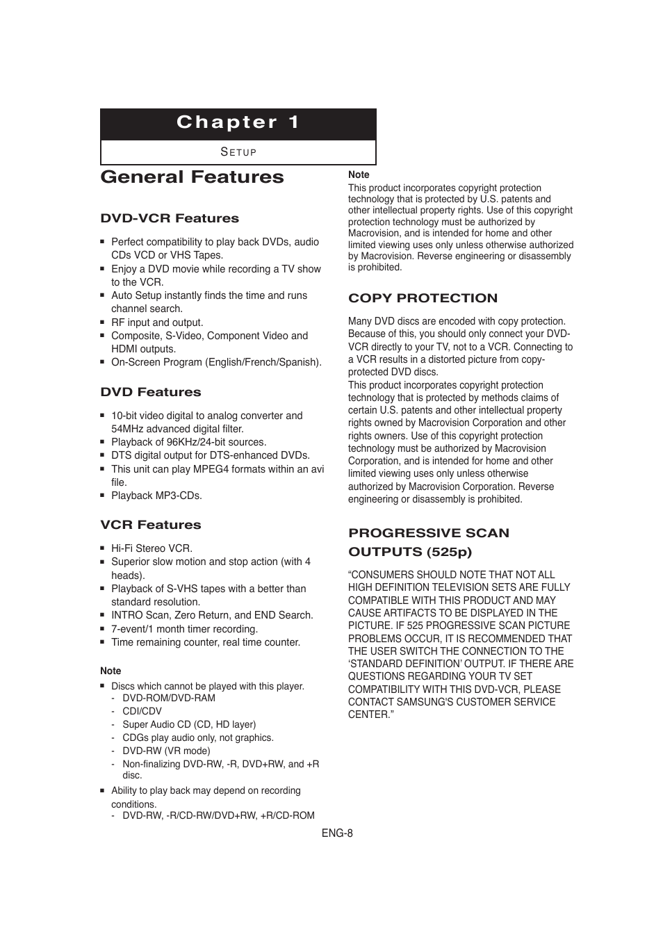 Chapter 1 setup, General features, Dvd-vcr features | Dvd features, Vcr features, Copy protection, Progressive scan outputs (525p) | Samsung AK68-00956L/01 User Manual | Page 8 / 95