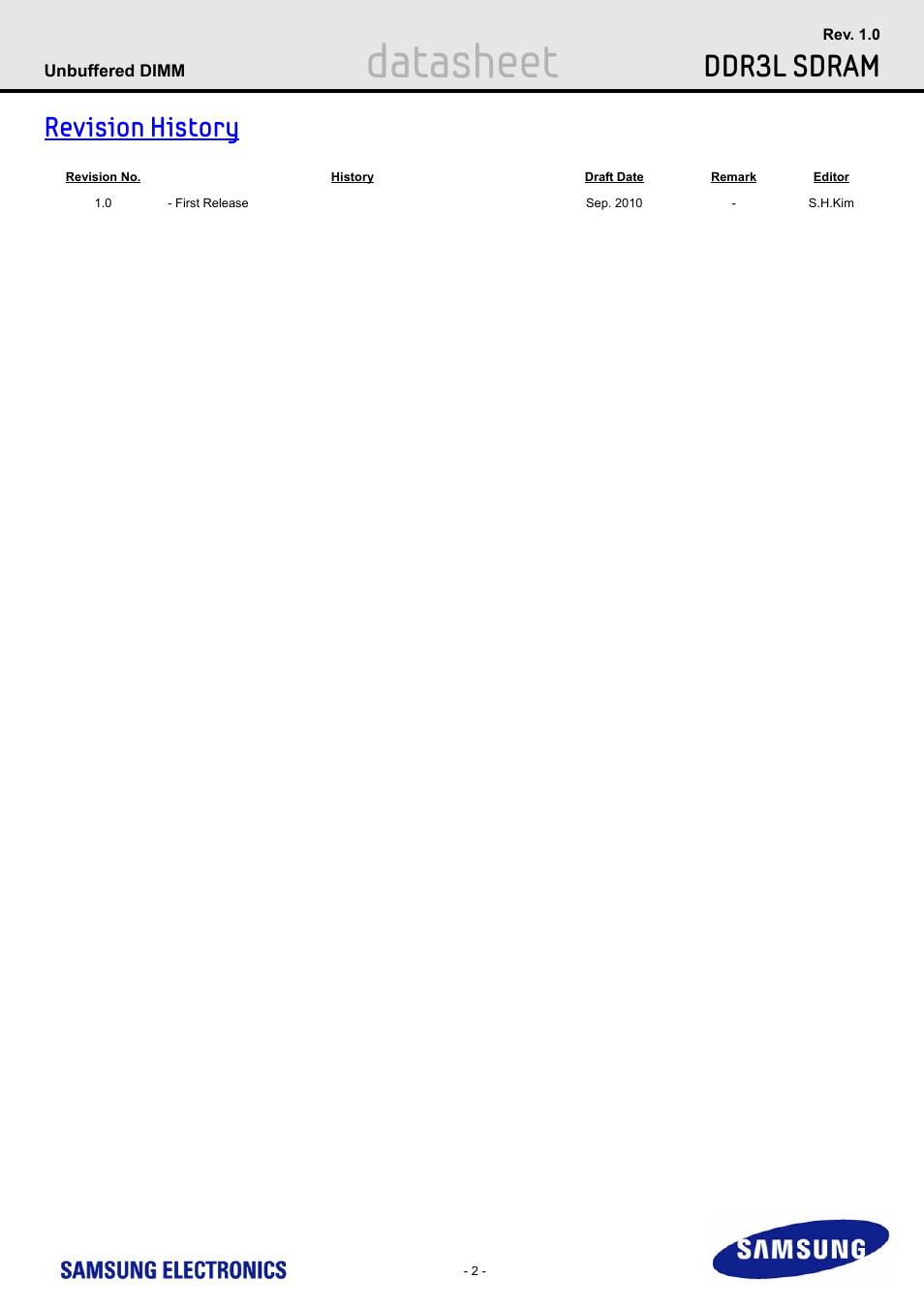 Datasheet, Ddr3l sdram, Revision history | Samsung M391B5773DH0 User Manual | Page 2 / 36