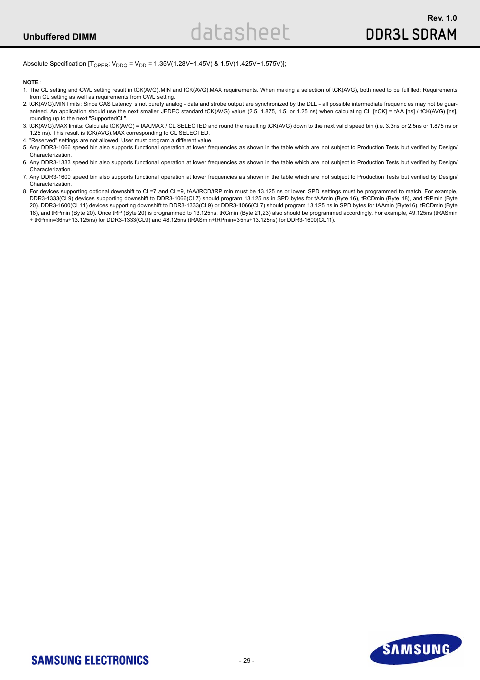 Datasheet, Ddr3l sdram | Samsung M391B5773DH0 User Manual | Page 29 / 36