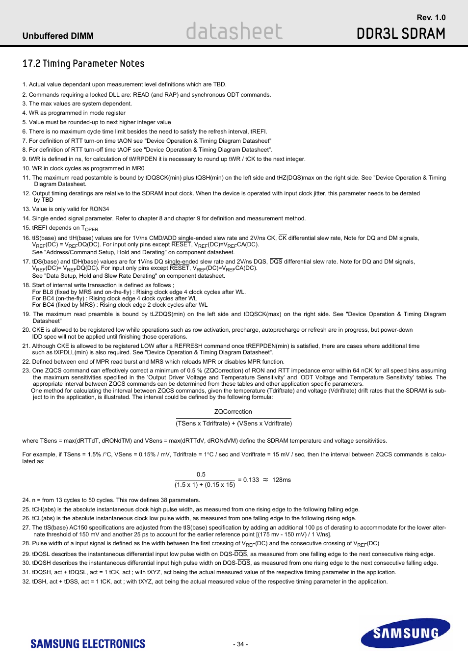 2 timing parameter notes, Datasheet, Ddr3l sdram | Unbuffered dimm | Samsung M391B5773DH0 User Manual | Page 34 / 36