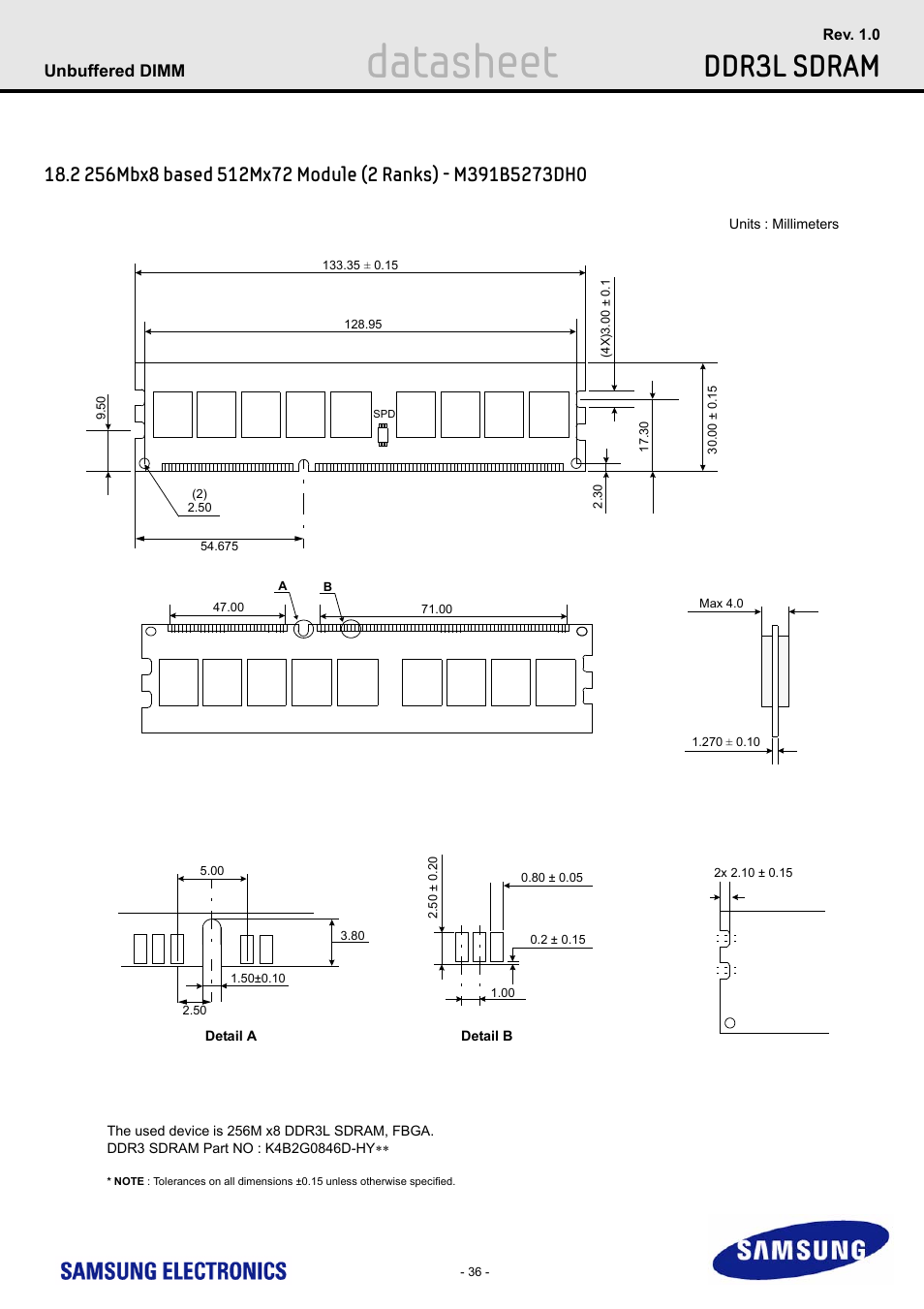 Datasheet, Ddr3l sdram | Samsung M391B5773DH0 User Manual | Page 36 / 36