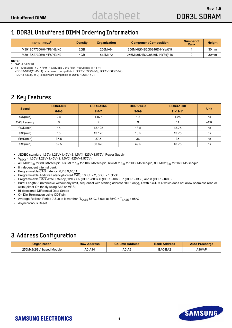 Ddr3l unbuffered dimm ordering information, Key features, Address configuration | Datasheet, Ddr3l sdram, Unbuffered dimm | Samsung M391B5773DH0 User Manual | Page 4 / 36