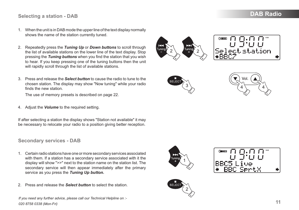 Dab radio, Selecting a station - dab, Secondary services - dab | Samsung MP-43 User Manual | Page 13 / 52