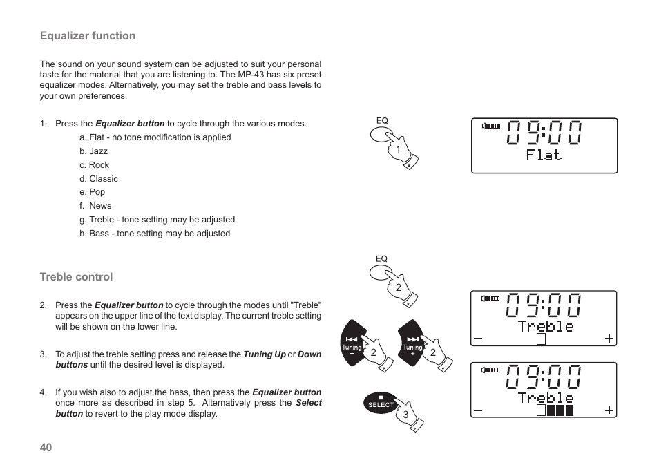 40 equalizer function, Treble control | Samsung MP-43 User Manual | Page 42 / 52