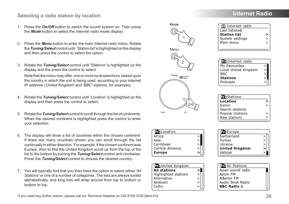 Internet radio, Selecting a radio station by location | Samsung STREAM 83I User Manual | Page 21 / 96