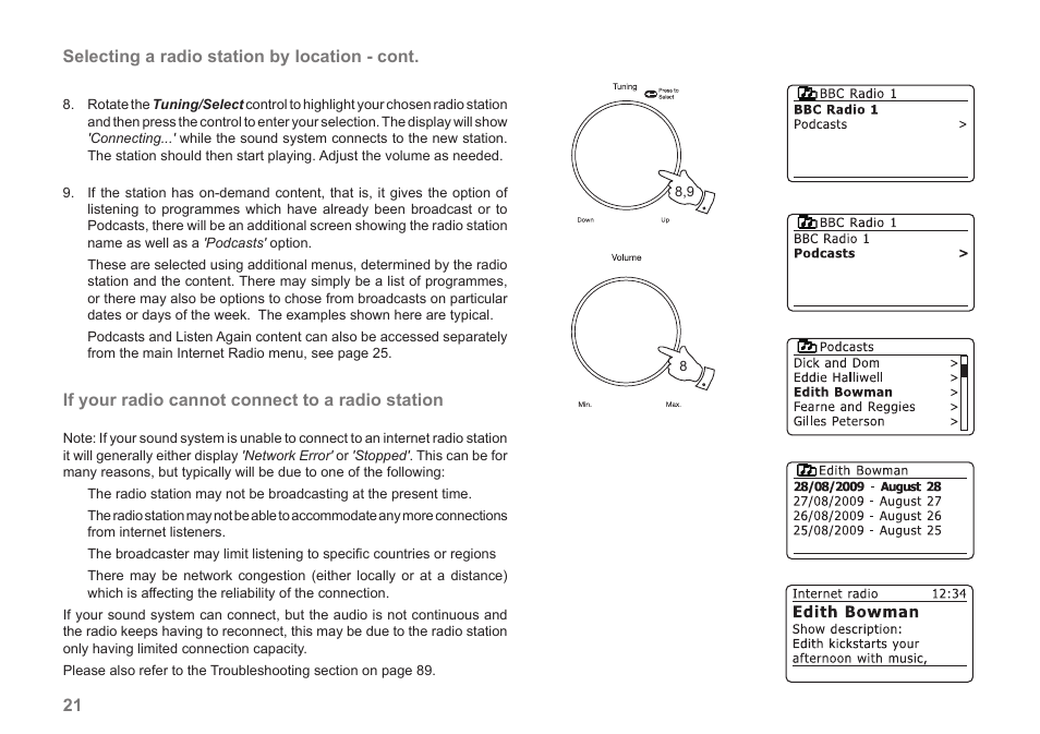 21 selecting a radio station by location - cont, If your radio cannot connect to a radio station | Samsung STREAM 83I User Manual | Page 22 / 96
