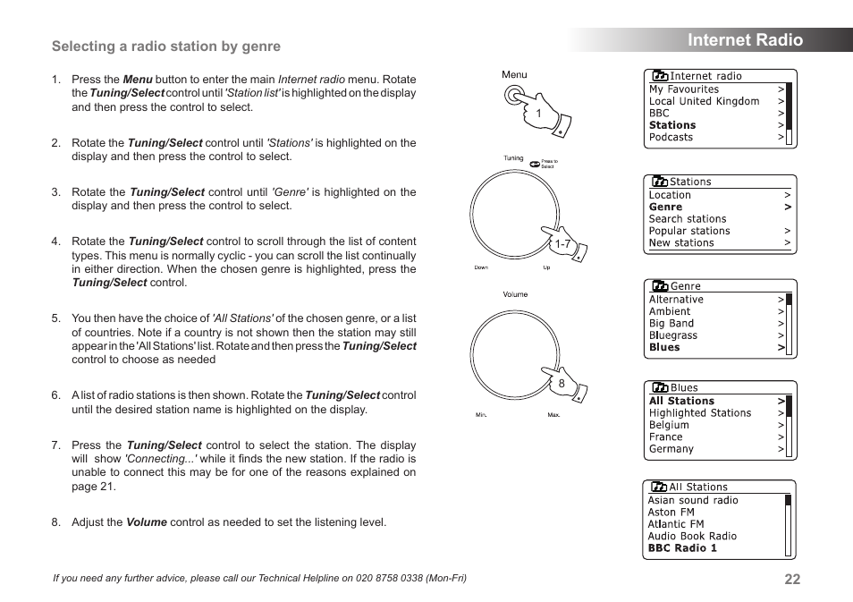 Internet radio, 22 selecting a radio station by genre | Samsung STREAM 83I User Manual | Page 23 / 96