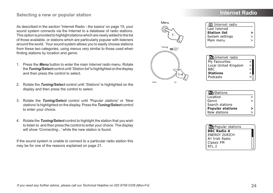 Internet radio, Selecting a new or popular station | Samsung STREAM 83I User Manual | Page 25 / 96