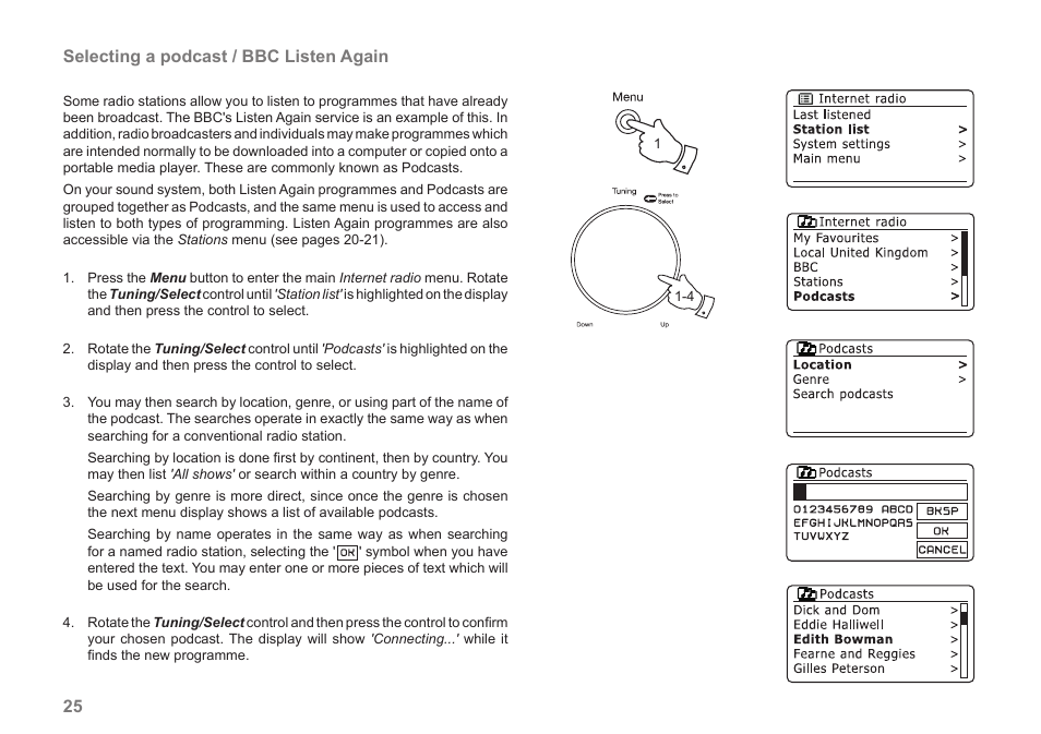 25 selecting a podcast / bbc listen again | Samsung STREAM 83I User Manual | Page 26 / 96