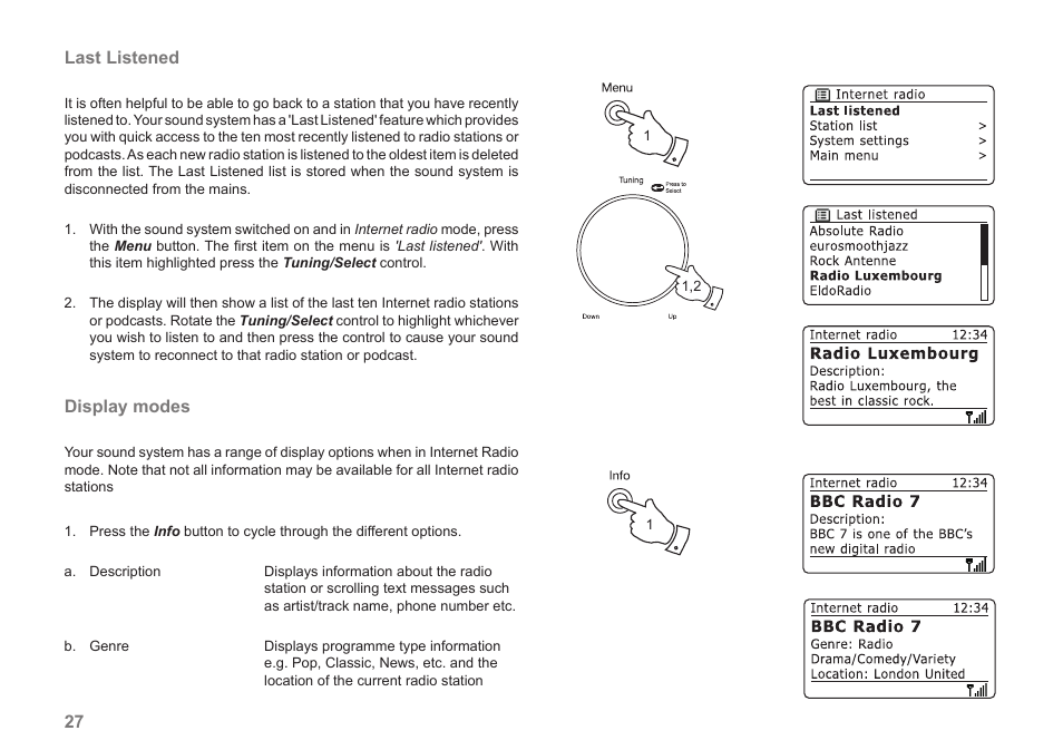 27 last listened, Display modes | Samsung STREAM 83I User Manual | Page 28 / 96