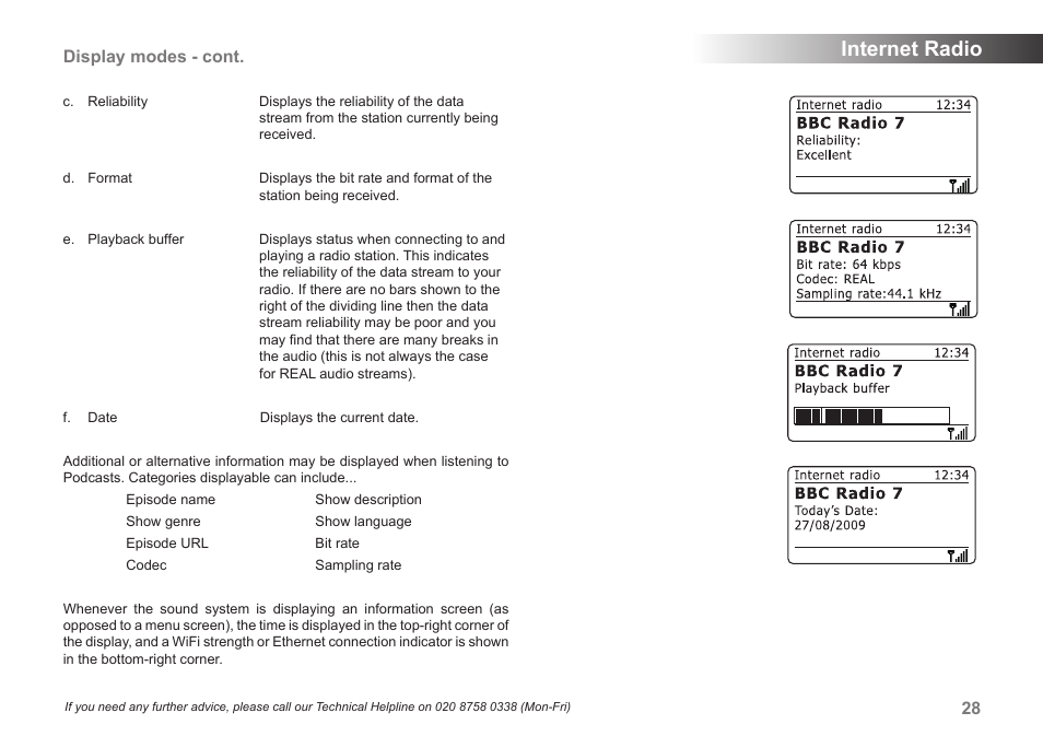 Internet radio, Display modes - cont | Samsung STREAM 83I User Manual | Page 29 / 96