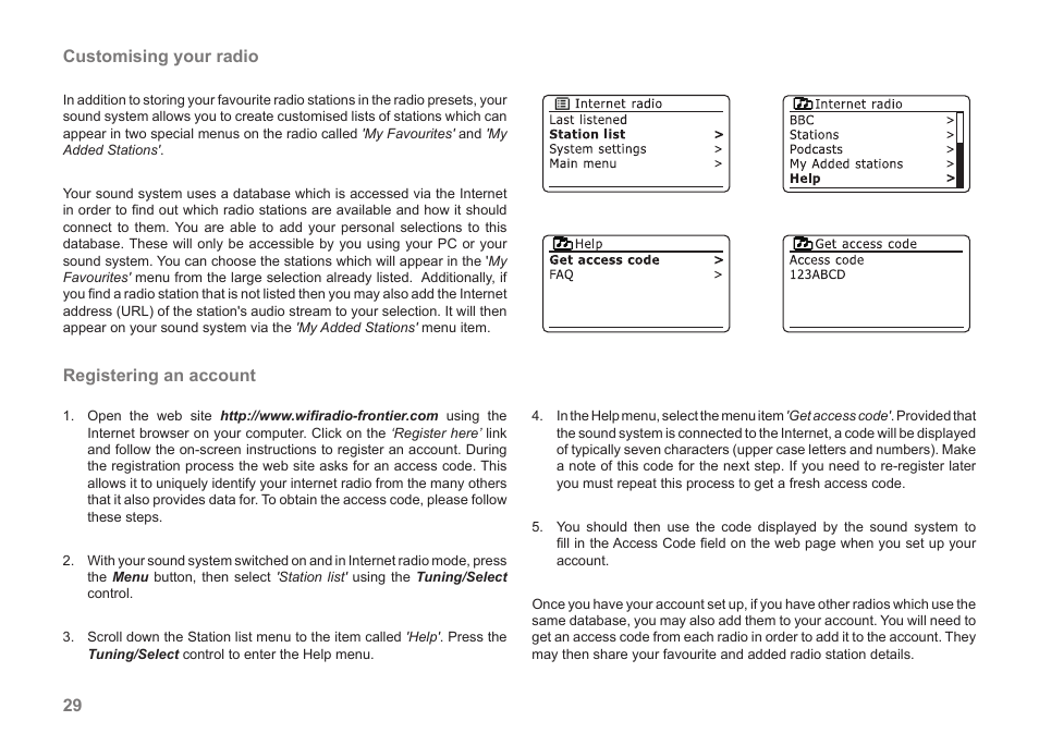 29 customising your radio, Registering an account | Samsung STREAM 83I User Manual | Page 30 / 96