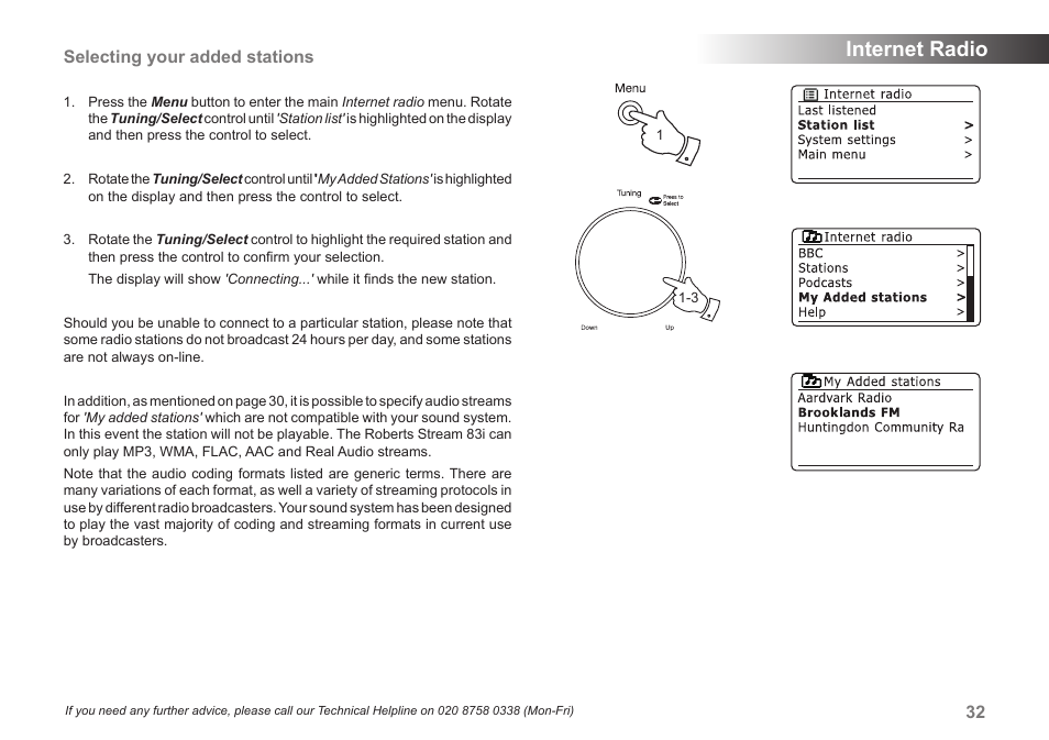 Internet radio, Selecting your added stations | Samsung STREAM 83I User Manual | Page 33 / 96