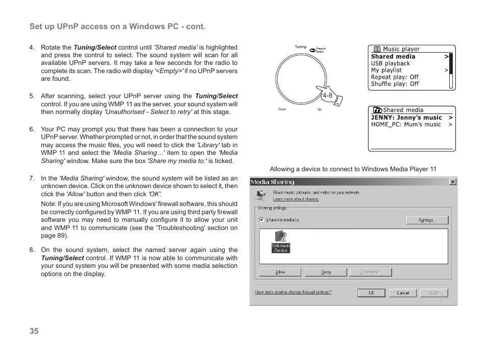 35 set up upnp access on a windows pc - cont | Samsung STREAM 83I User Manual | Page 36 / 96